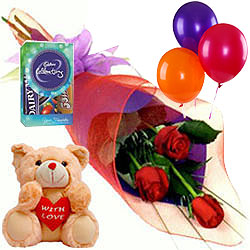 Roses with Chocolates Teddy and Balloons