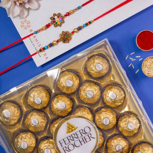 Marvellous Floral Kundan Rakhi N Rocher Treat