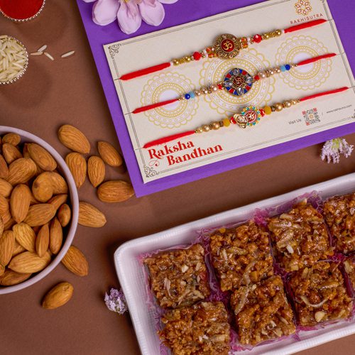 Sacred Rakhi Set with Dodha Barfi N Almonds